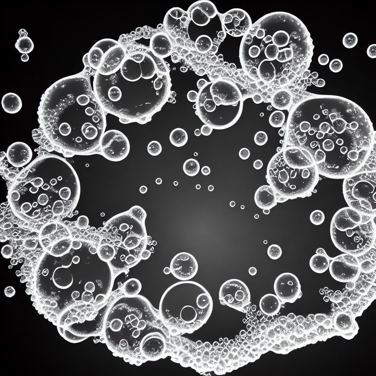Clustered bubbles of various sizes interconnected on dark background