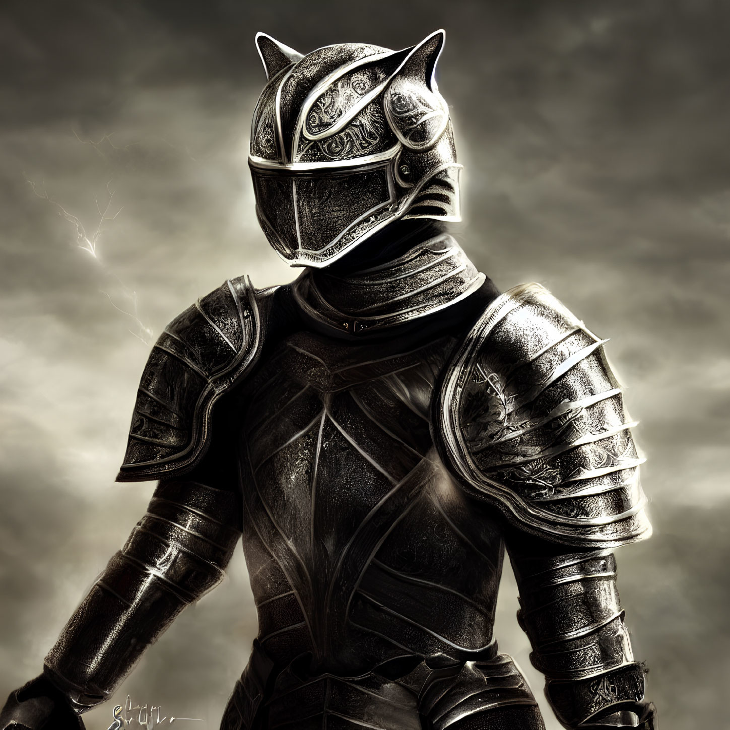 Medieval armor with cat-themed helmet under cloudy sky