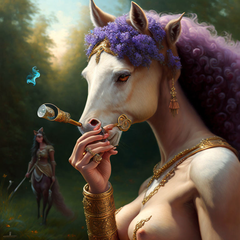 Mythical creature with horse head, human body, adorned with gold jewelry and purple flowers, holding