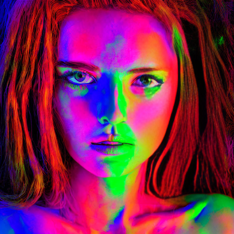 Colorful portrait of woman with rainbow lighting and intense gaze