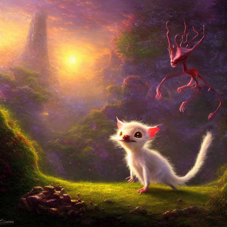 White wide-eyed creature and red winged being in vibrant purple forest at sunrise