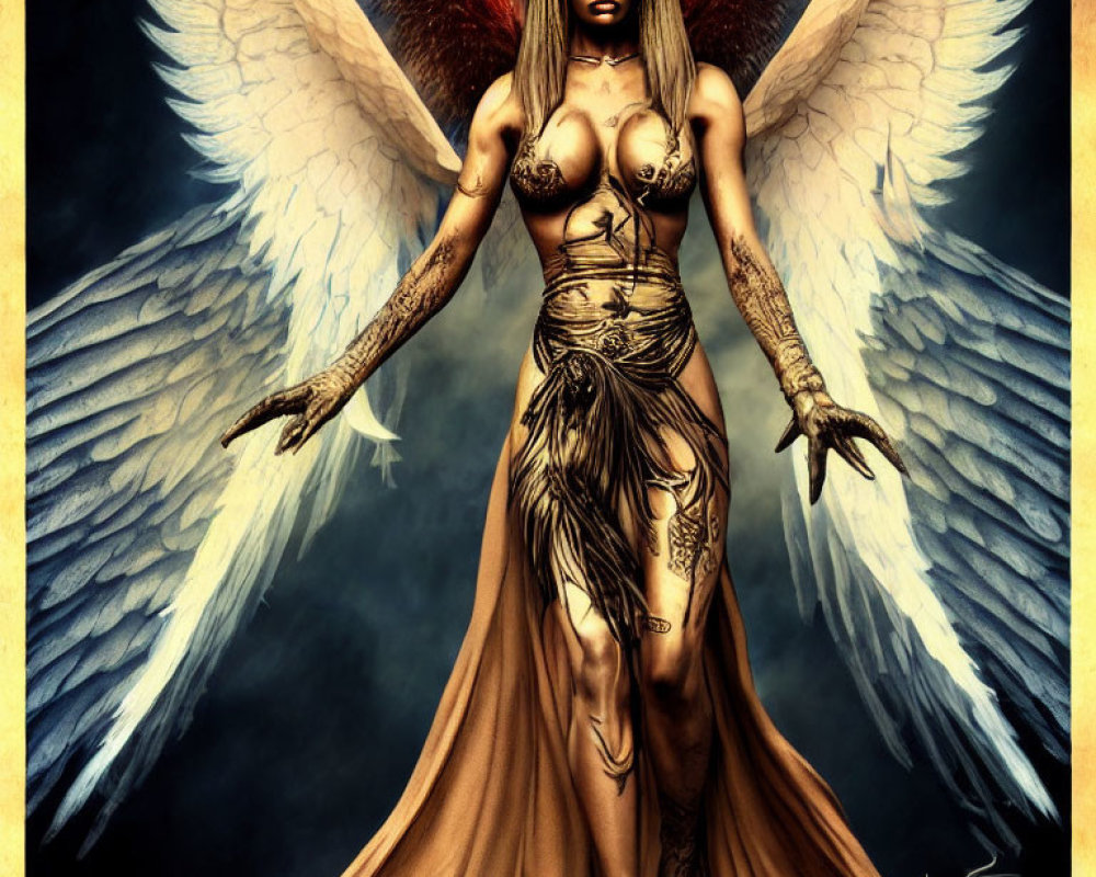 Fantasy figure with white wings, golden armor, and tattoos on dark background