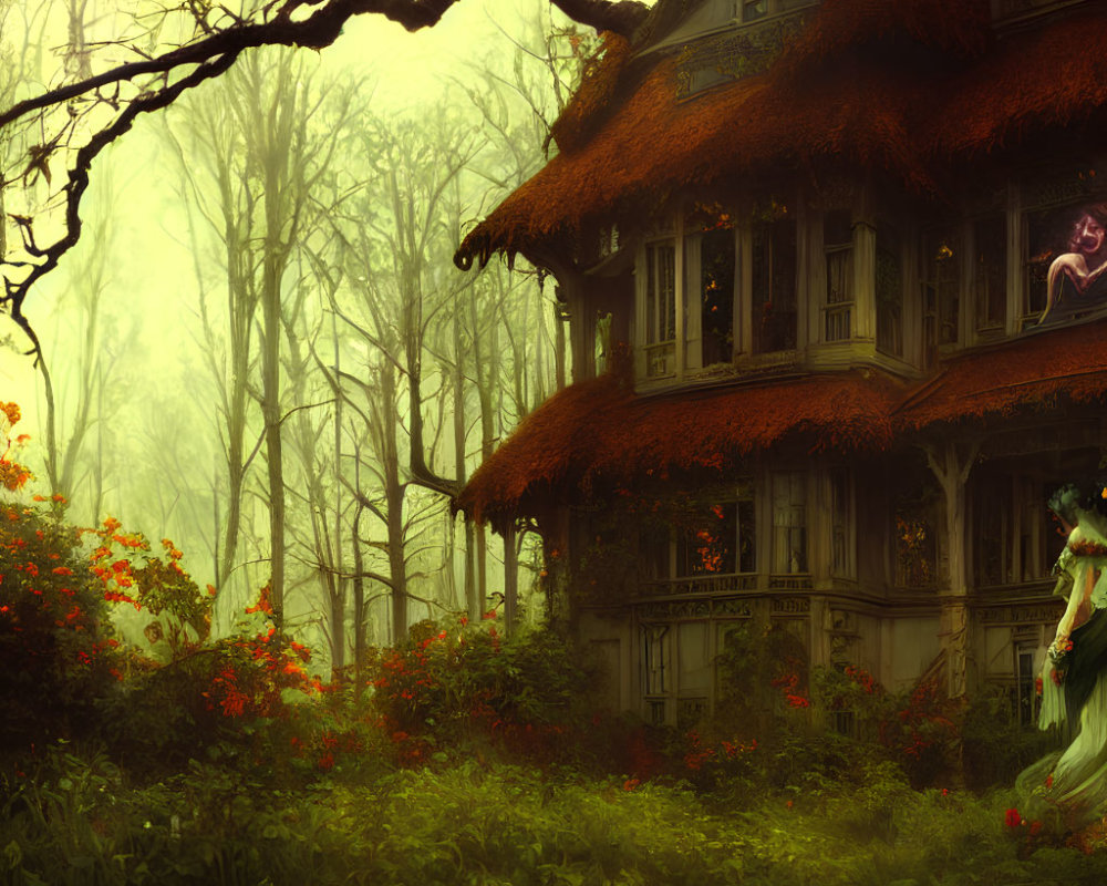 Enchanting forest with red flowers and mystical house with ethereal women