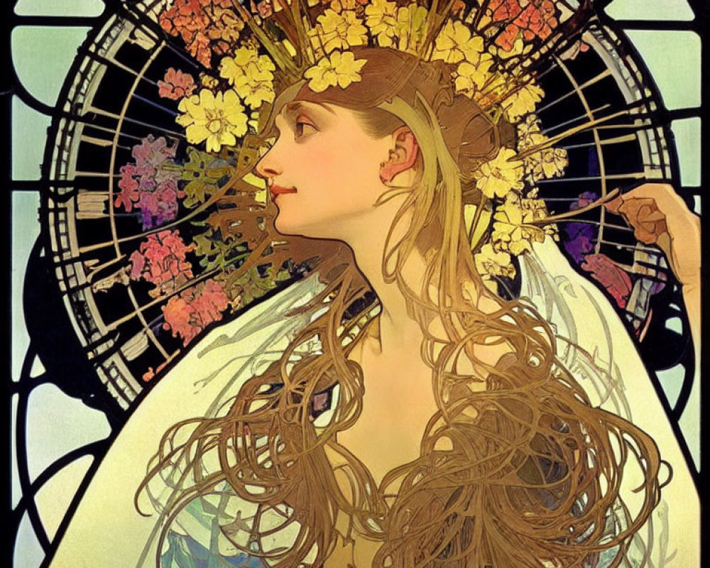 Woman with flowing hair and floral adornments in Art Nouveau style illustration.