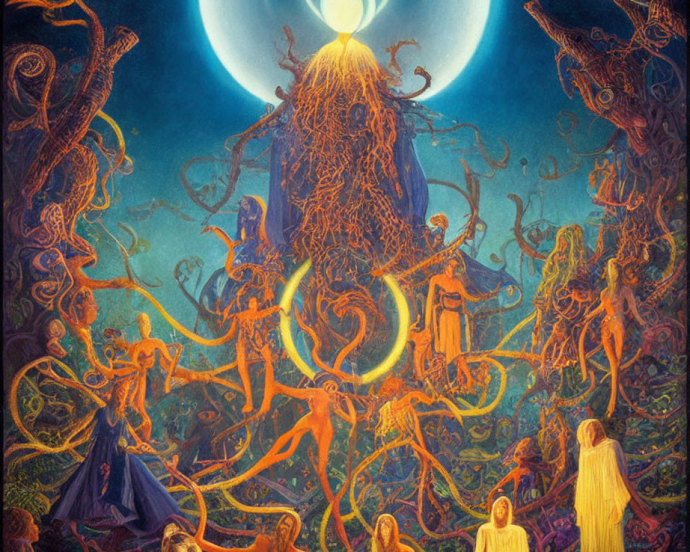 Artwork featuring human-like figures with flowing hair entwined with tree roots under a glowing blue moon
