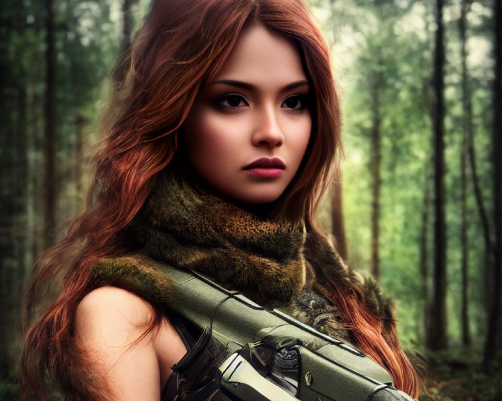 Red-haired woman with fur collar wields futuristic weapon in forest setting