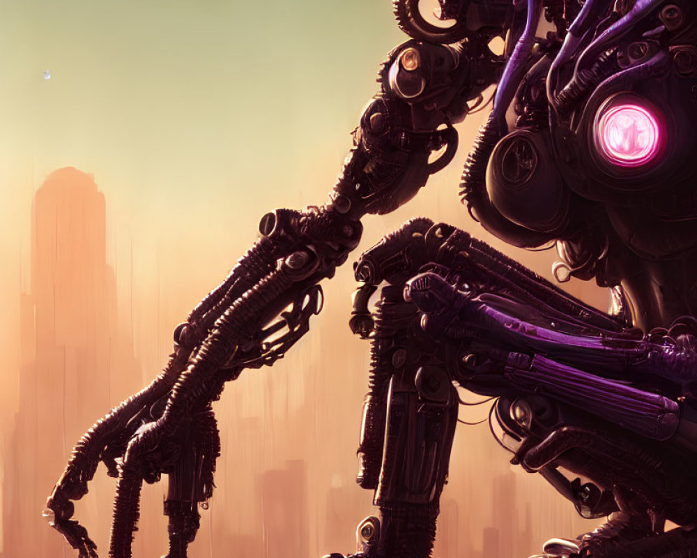 Pink-haired robotic figure gazes over cityscape in warm light