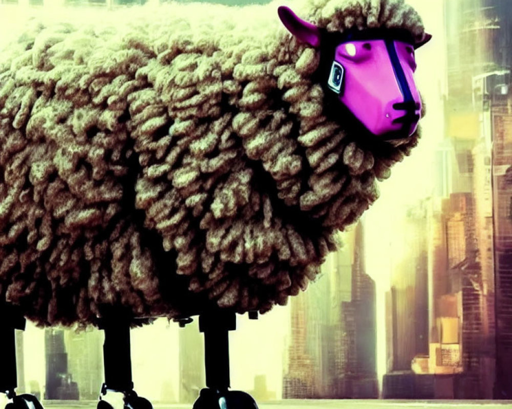 Surreal image: Sheep in purple face mask and roller skates in urban setting