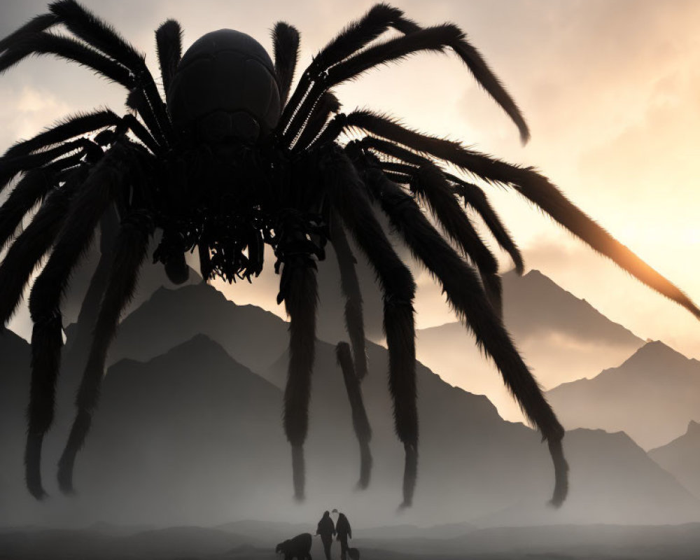 Giant Spider Robot overlooks misty mountain landscape at sunset