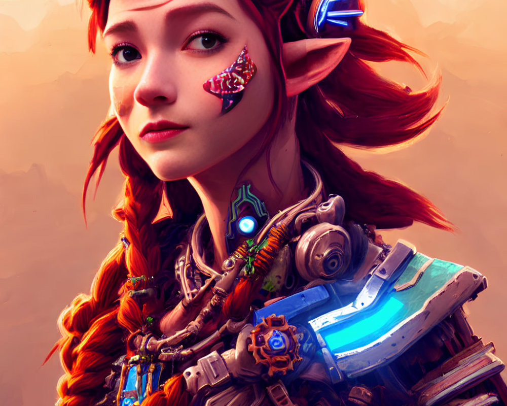 Futuristic red-haired female elf with cybernetic enhancements in futuristic armor