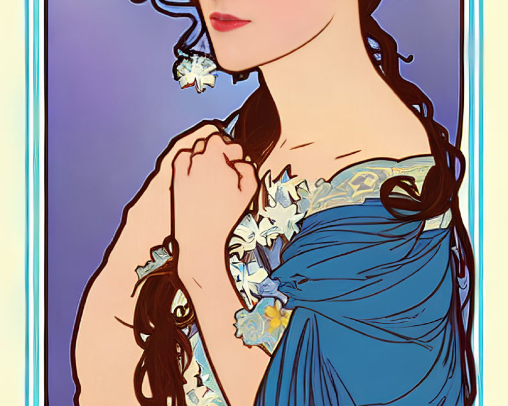 Woman with Long Brown Hair in Blue Dress and Floral Hair Adornments