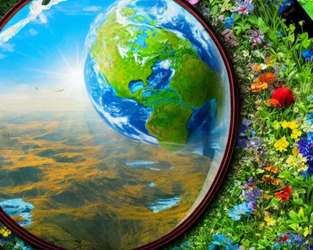 Composite image of Earth in round frame surrounded by flowers and greenery