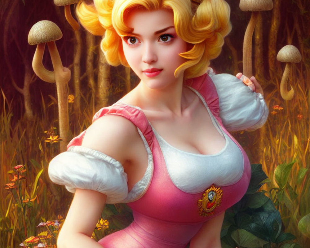 Blonde Princess in Pink and White Dress Surrounded by Forest and Mushrooms