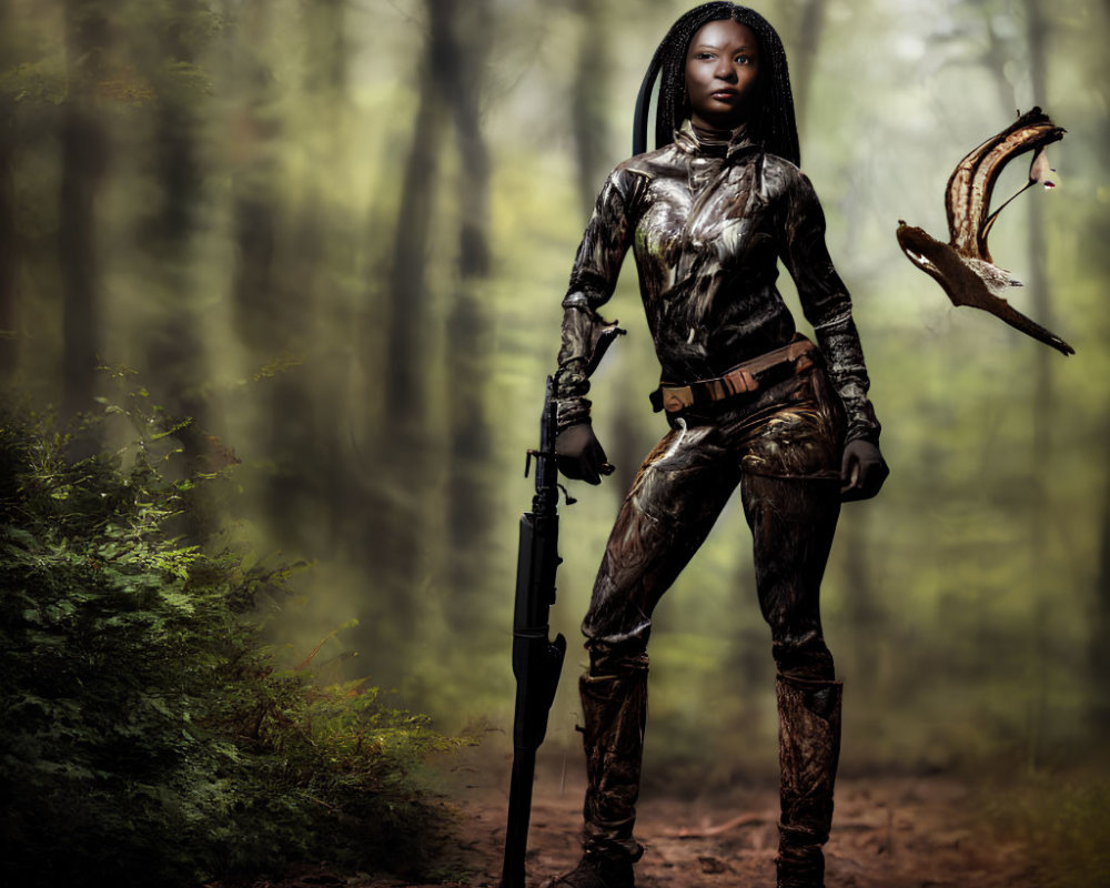 Woman in Camo Outfit Holding Rifle in Forest with Bird of Prey