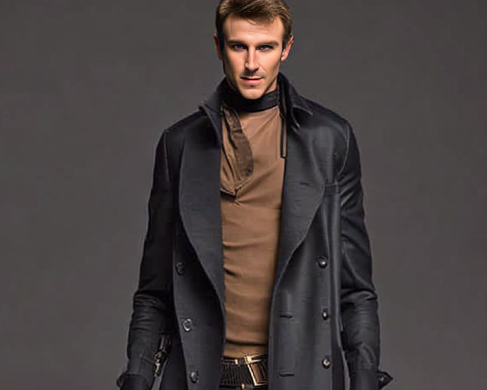 Stylish man in black overcoat and brown turtleneck outfit