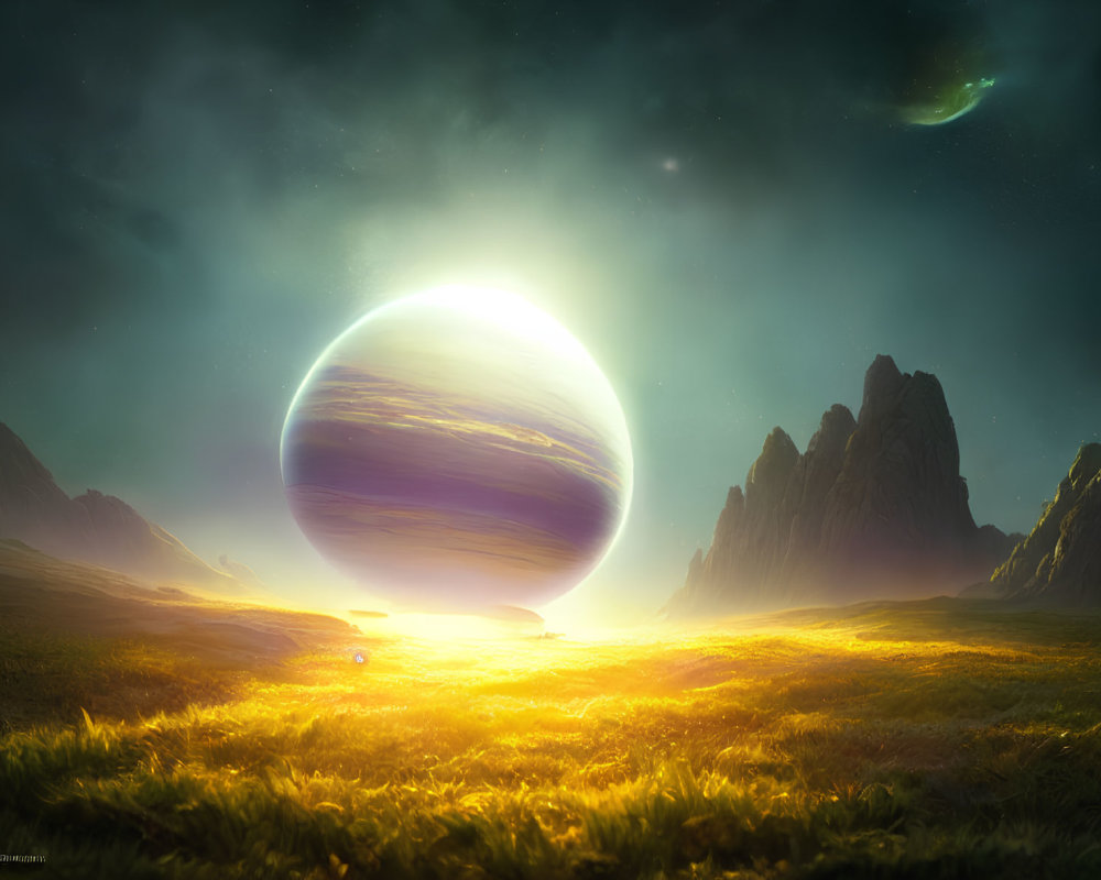 Vibrant green grass, towering cliffs, and giant celestial body in fantastical landscape