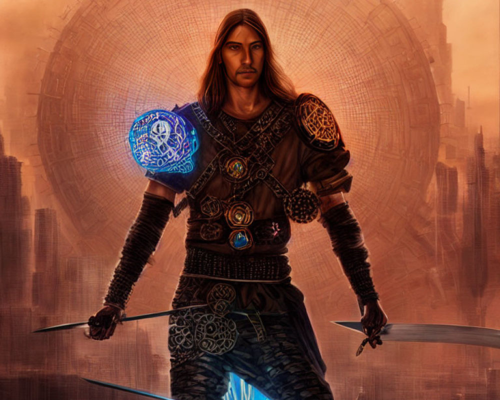 Fantasy male warrior digital art with shield, sword, and arcane structure