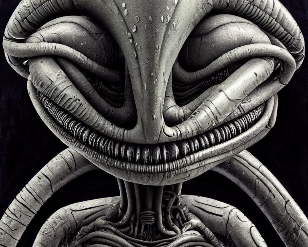 Detailed Monochrome Artwork: Creature with Coiled Tentacle-Like Appendages