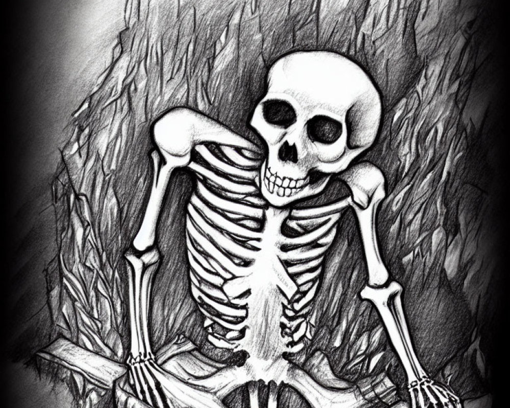Monochrome sketch of human skeleton sitting against tree