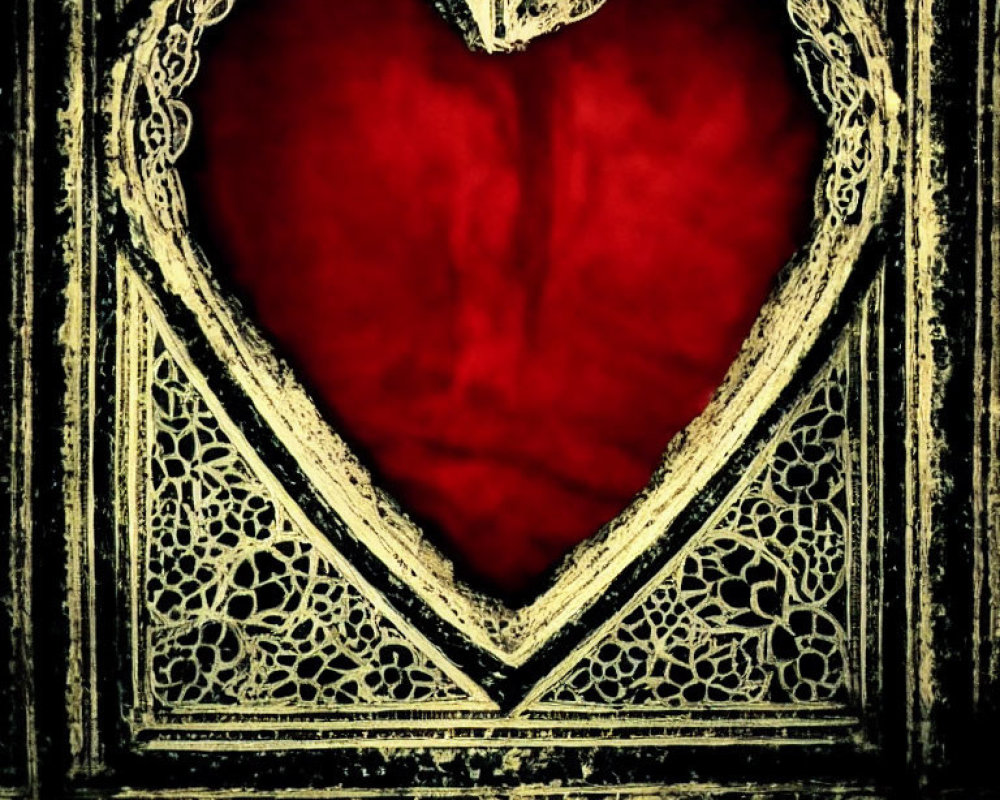 Intricate Heart-Shaped Window with Red Textured Background