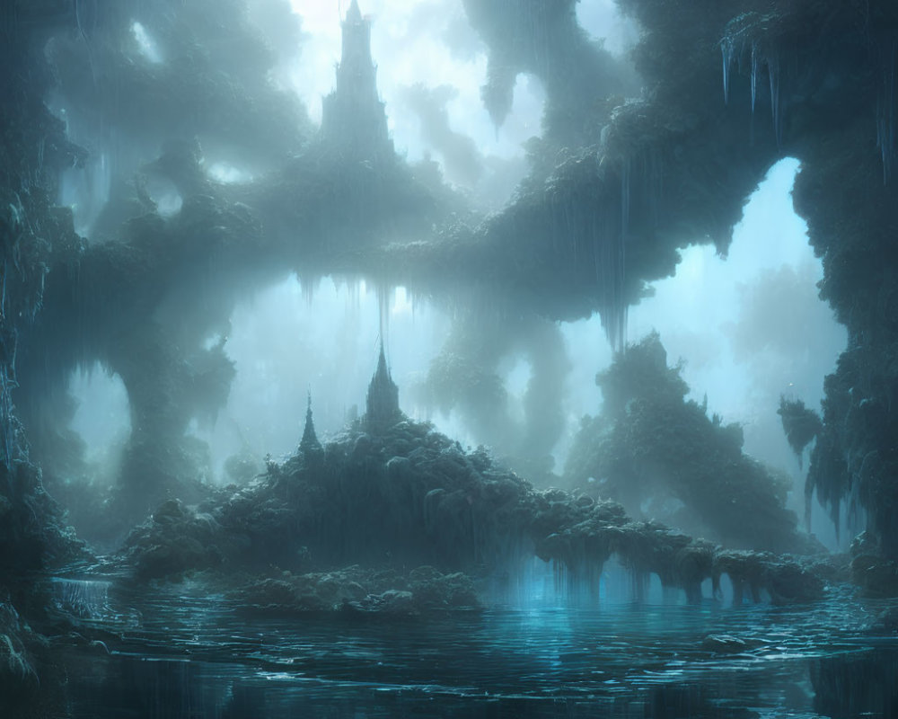 Ethereal underground cavern with luminescent water and towering stalactites.