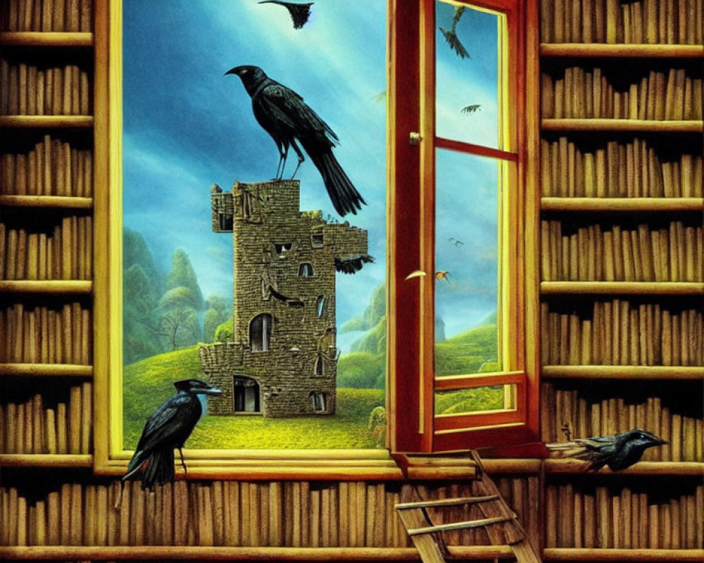 Surreal room with bookshelf walls, open window to ruined tower, green hills, flying birds