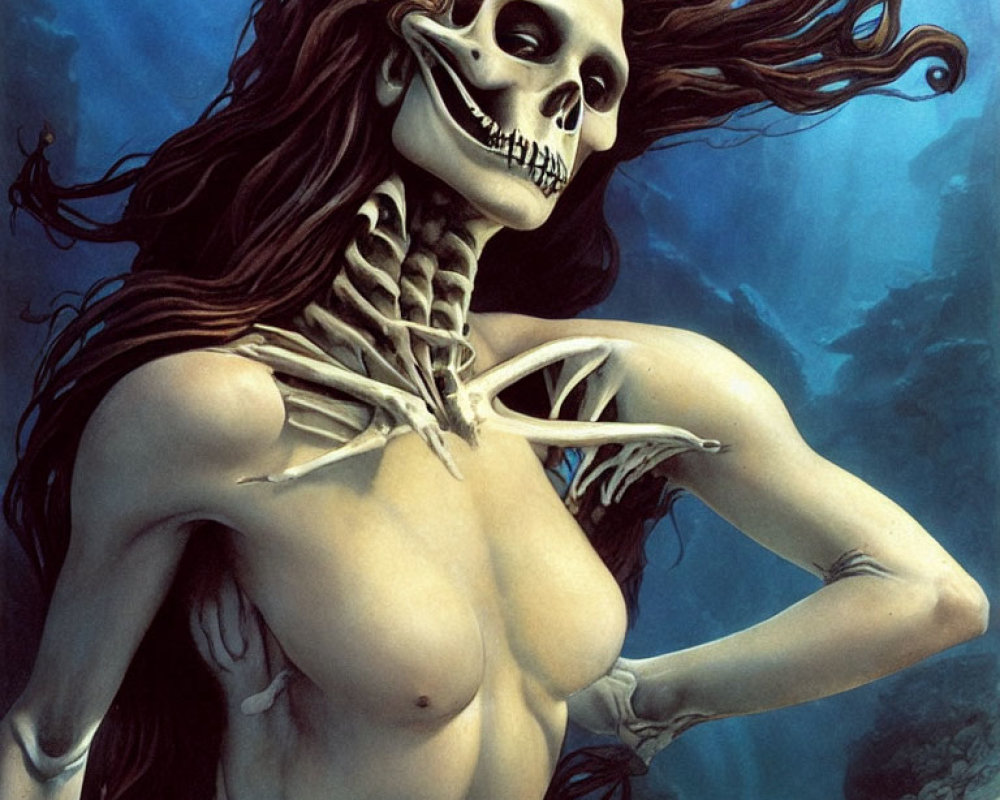 Skeletal figure with flowing hair and partial human features on blue backdrop