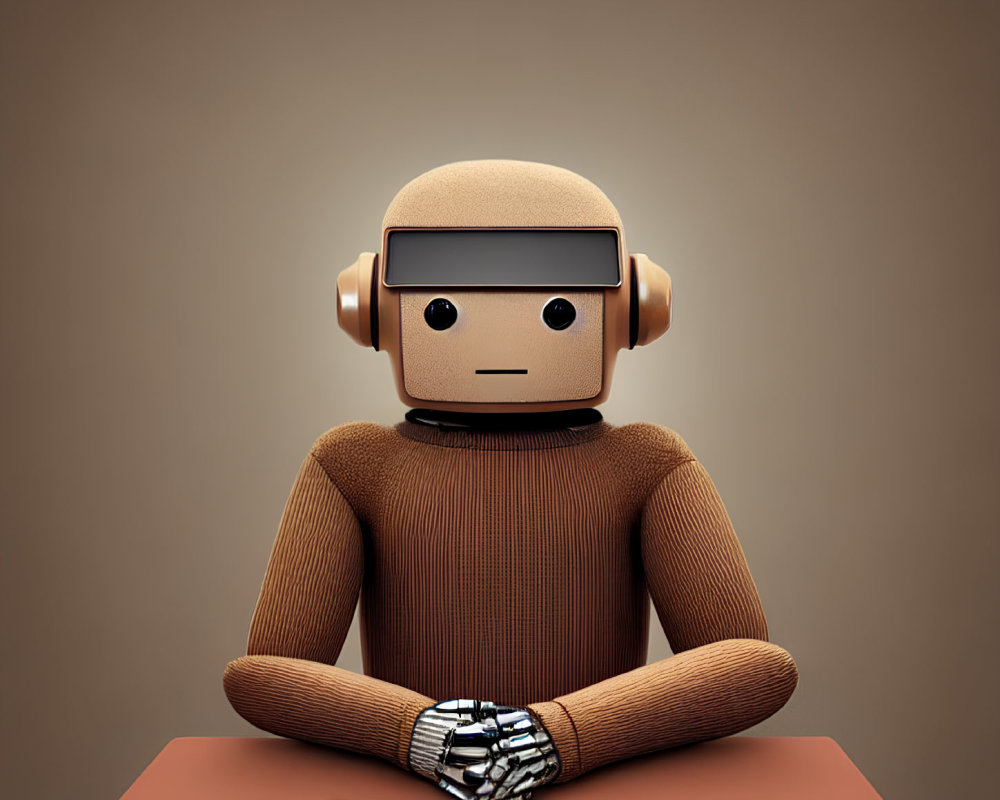 Humanoid Robot Wearing Headphones and Headband Sitting with Notepad
