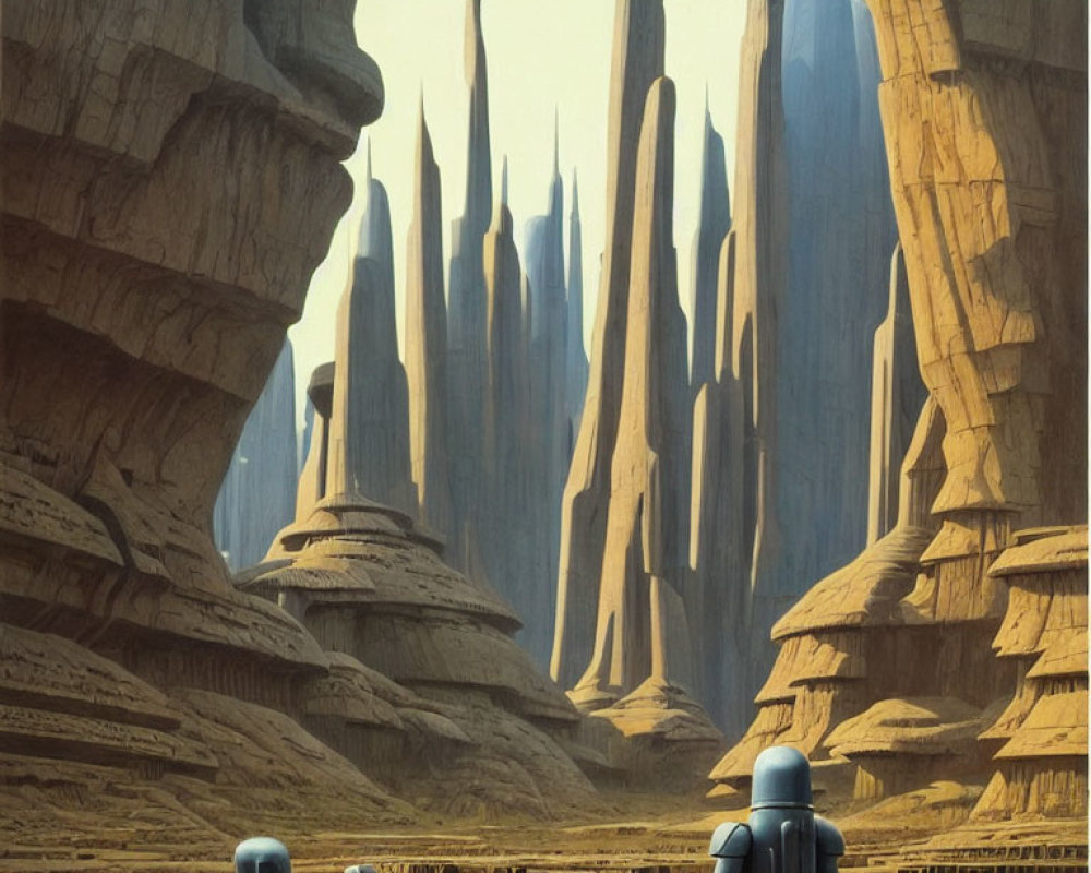 Armored figures in futuristic desert cityscape with spires and rock formations