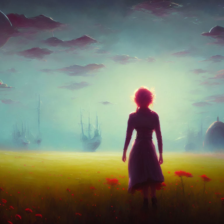 Silhouette in Field with Red Flowers and Ethereal Ships in Sky