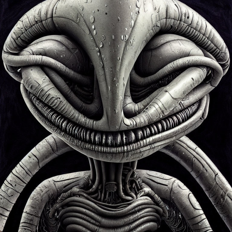 Detailed Monochrome Artwork: Creature with Coiled Tentacle-Like Appendages