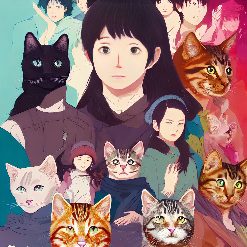 Colorful collage of girl with large eyes, cats, and human figures