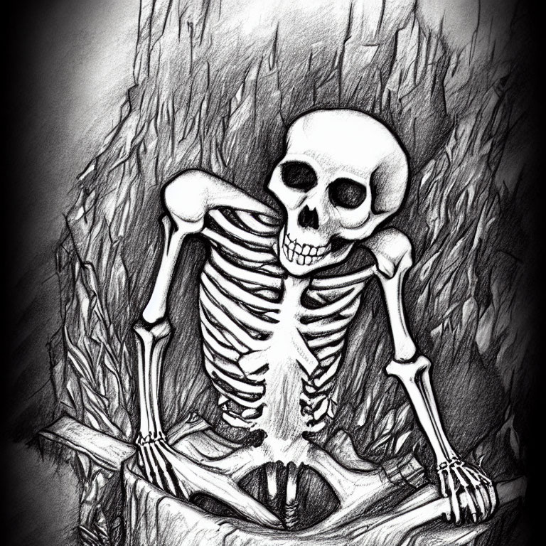Monochrome sketch of human skeleton sitting against tree