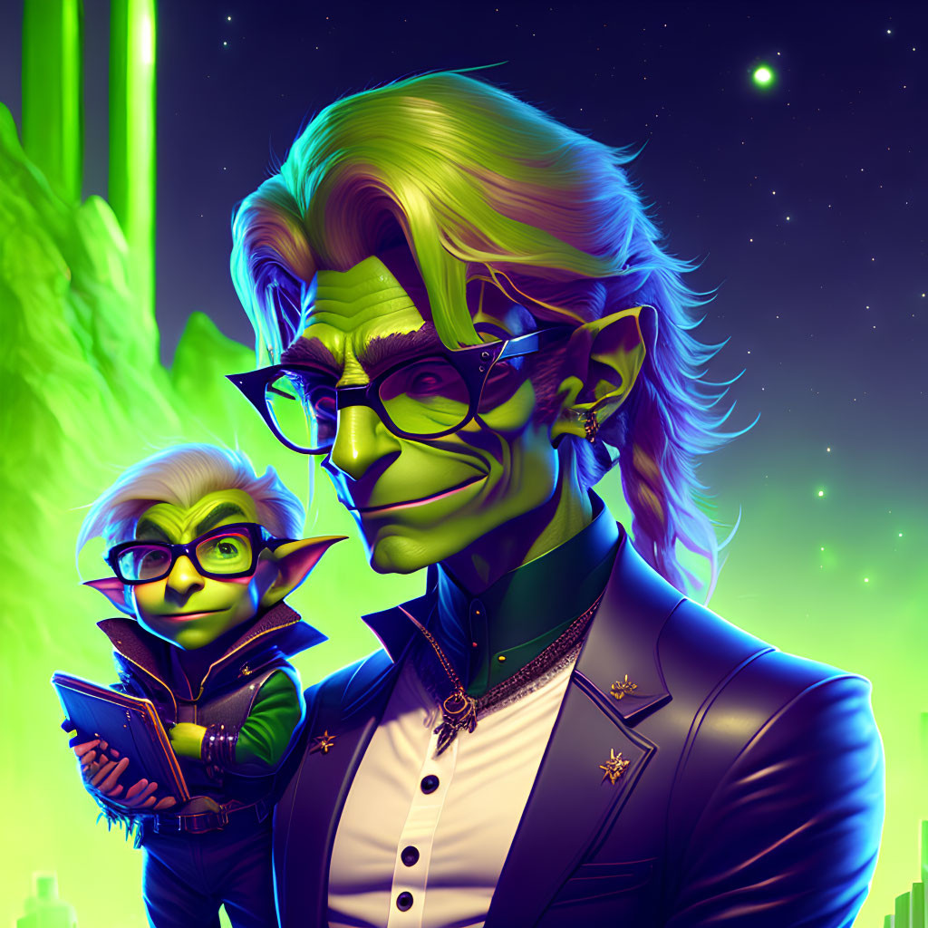 Stylized green-skinned elf characters with glasses in futuristic cityscape