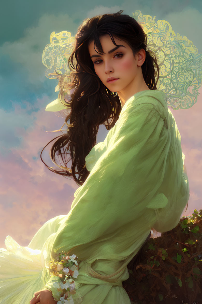 Dark-haired woman in green dress with floral adornments under dreamy sky