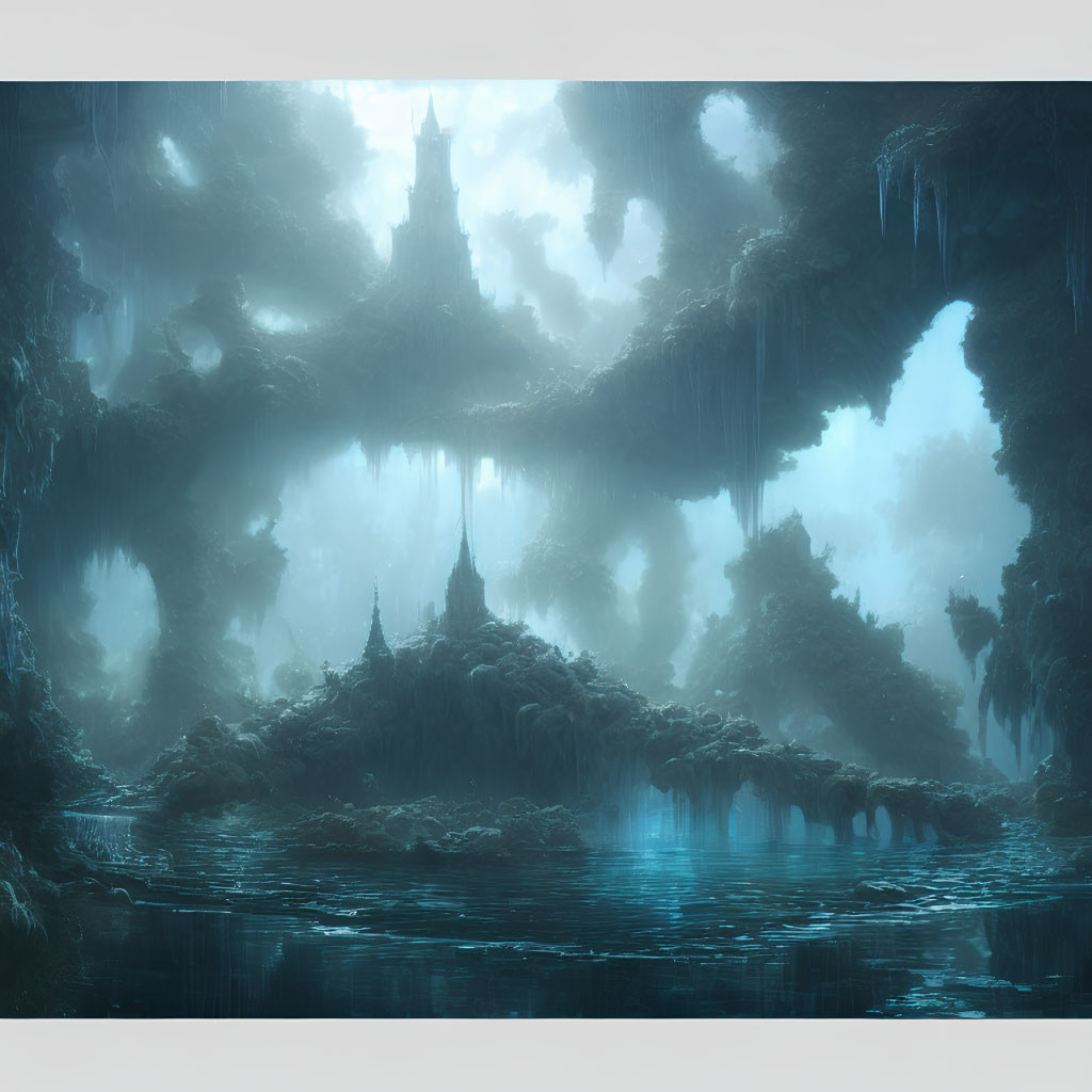 Ethereal underground cavern with luminescent water and towering stalactites.