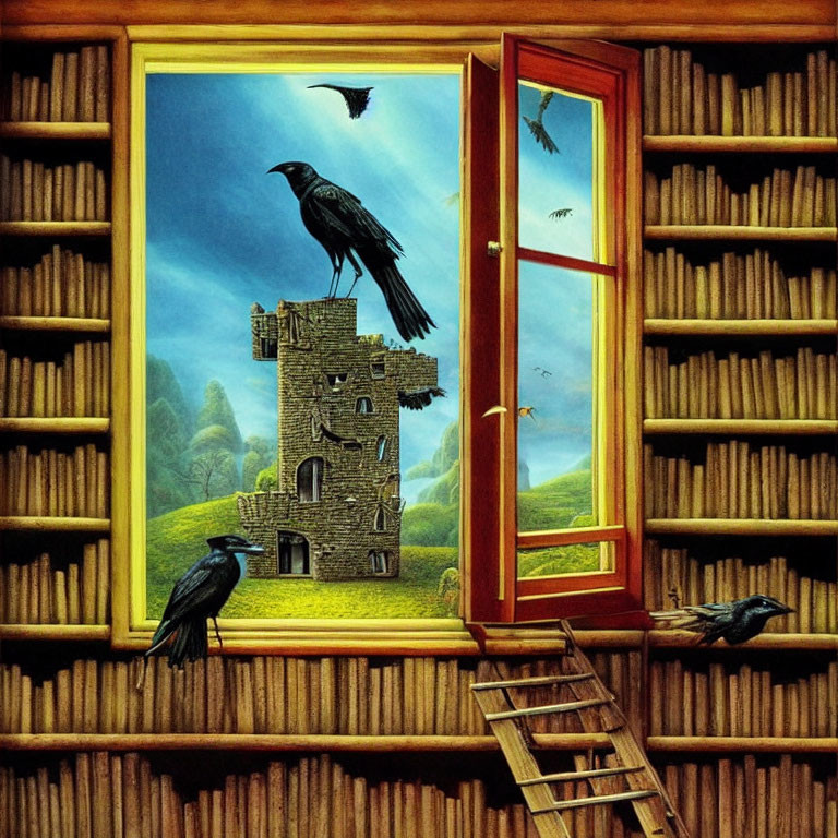 Surreal room with bookshelf walls, open window to ruined tower, green hills, flying birds