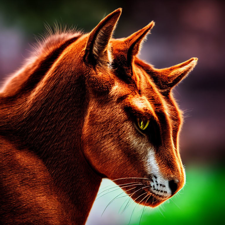 Fantastical creature with horse-like head, feline ears, golden eye, chestnut coat.