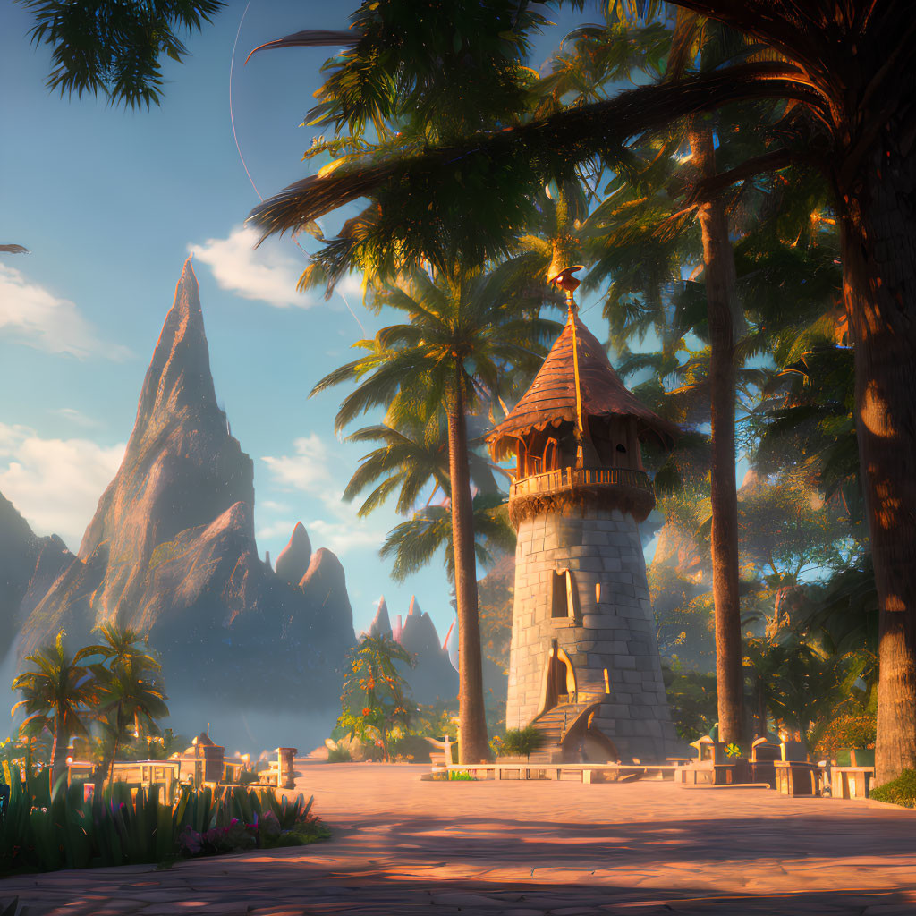 Fantasy landscape with stone turret, palm trees, cliffs in warm sunlight