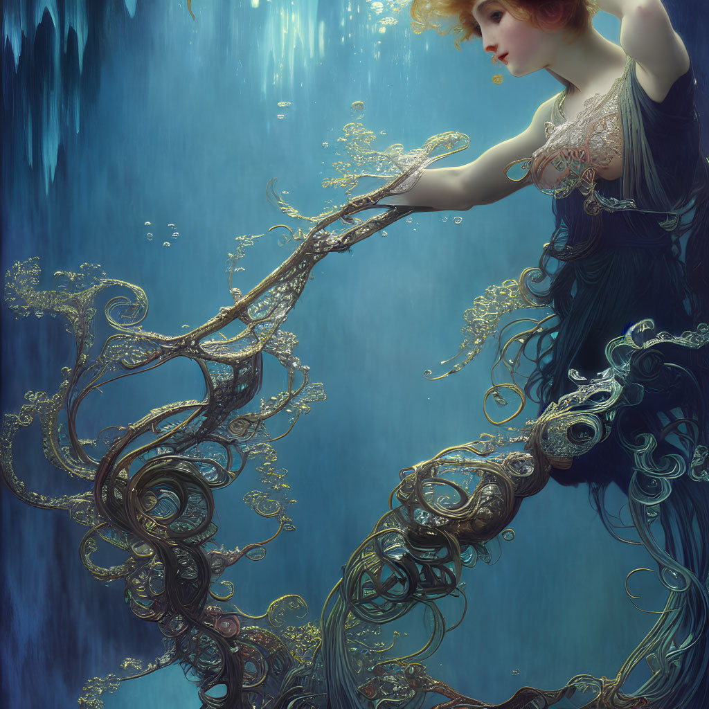 Ethereal woman in ornate dress submerged in water with swirling vine-like patterns