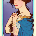 Woman with Long Brown Hair in Blue Dress and Floral Hair Adornments