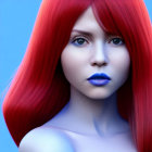 Vibrant red-haired woman with blue eyes and lipstick on cool blue backdrop