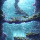 Mystical underwater cave with luminous blue light, rock formations, and cascading water.