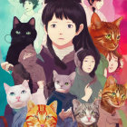 Colorful collage of girl with large eyes, cats, and human figures