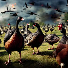 Oversized animated chickens in grassy field with military helicopters