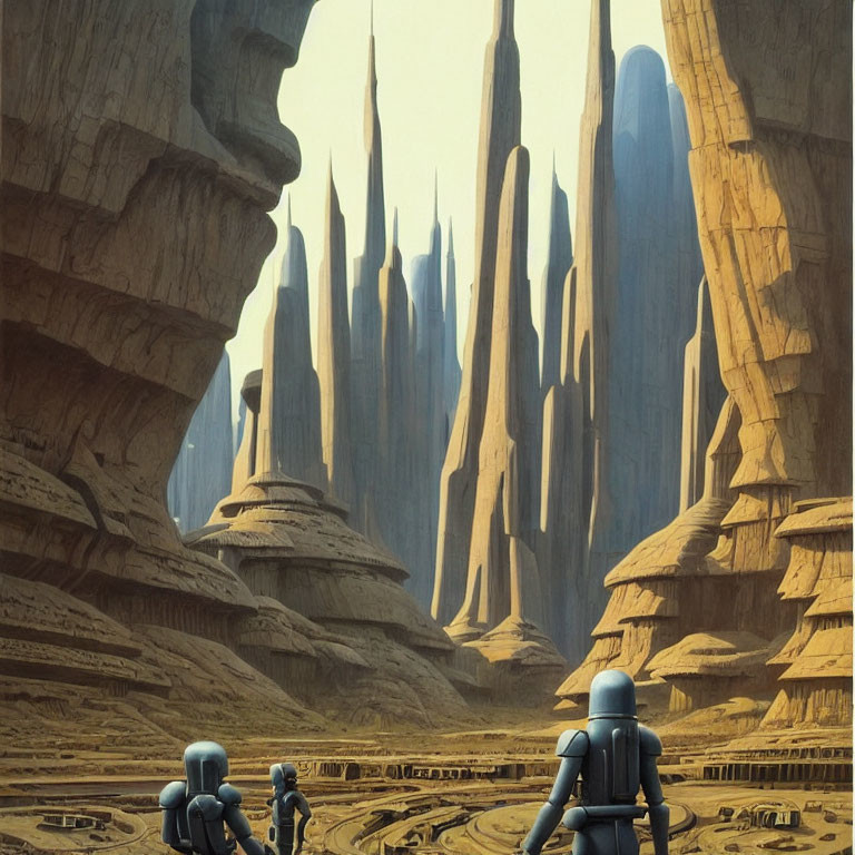 Armored figures in futuristic desert cityscape with spires and rock formations