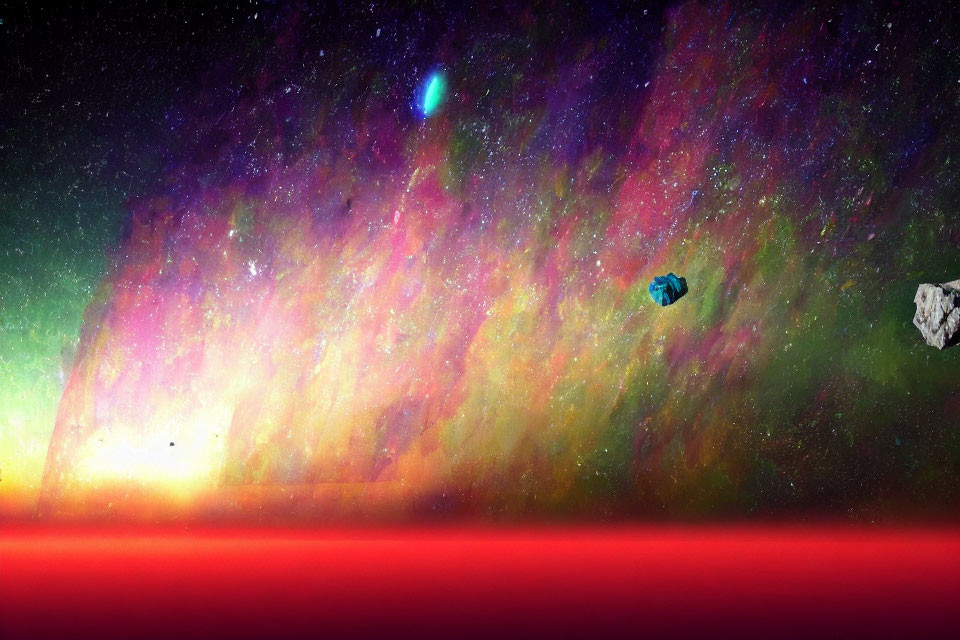 Colorful cosmic scene with nebulae, comets, asteroids, and bright light source