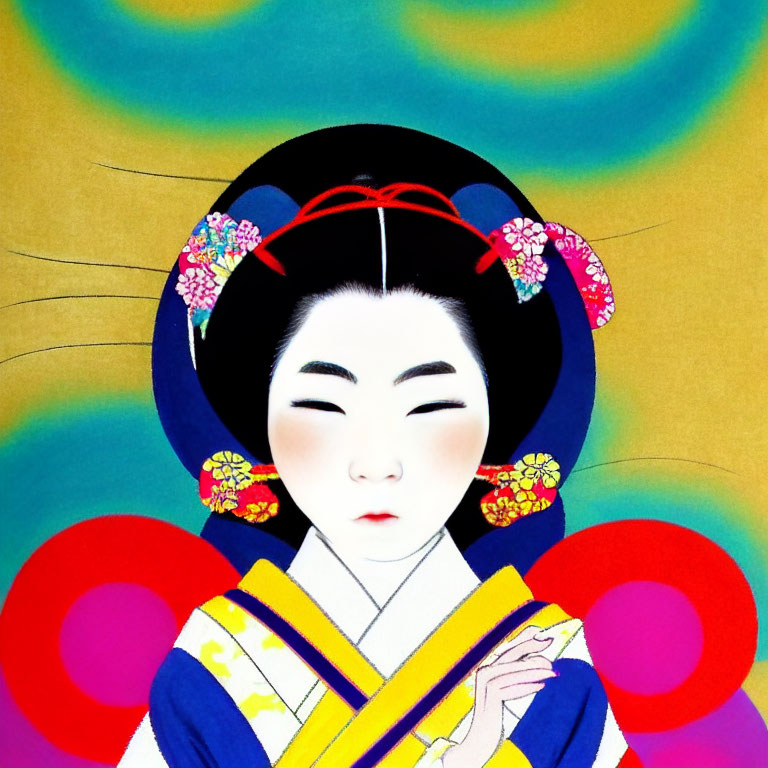 Colorful Geisha Illustration with Intricate Hair Ornaments