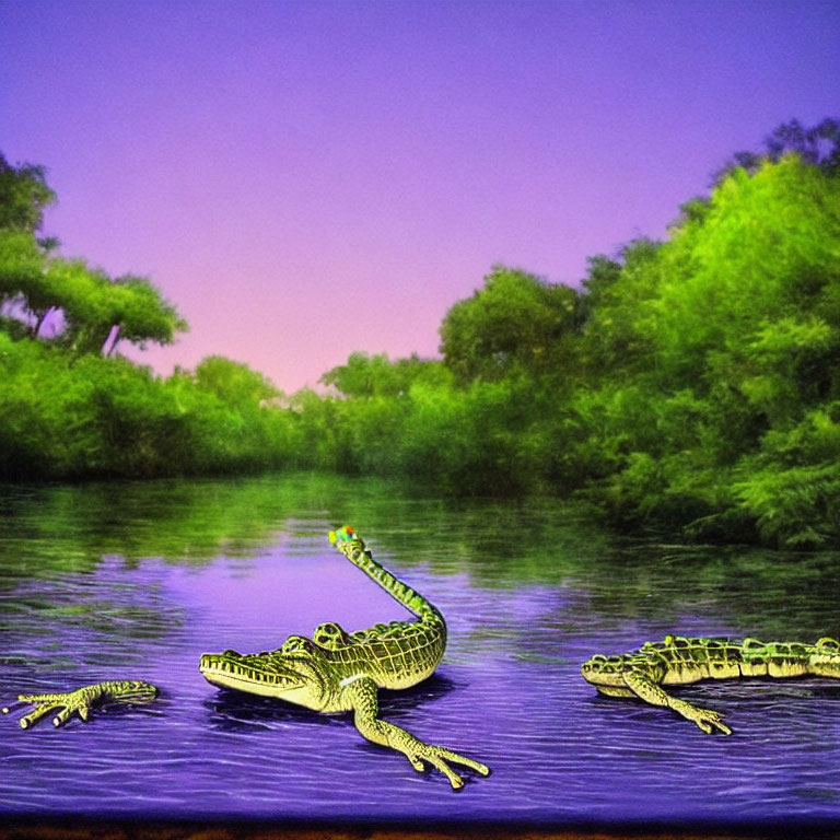 Colorful digital art: Stylized crocodiles on purple river, green background, pink sky