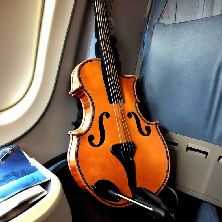 Violin on Airplane Seat Bathed in Sunlight